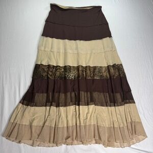 Cache Tiered Maxi Skirt Women Brown Tan Animal Print Lace Mesh Boho‎ Whimsical S